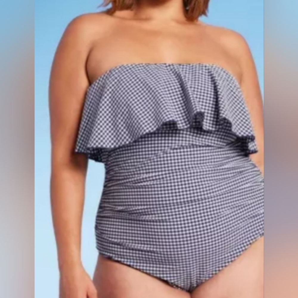 Kona Sol Blue  Plus Size Gingham Navy Bandeau  Flounce Top/Rushing.  (16W)